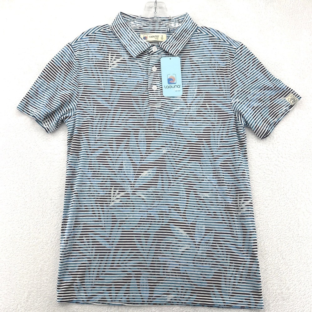 Laguna Swim Mens Polo Shirt Small Blue Striped Tropical Palm Leaf Print  NWT‎